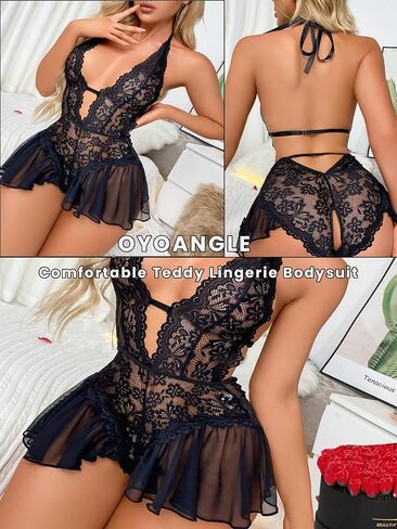 OYOANGLE Women's Plus Size Cut Out Tie Back Halter Lace Teddy Romper Bodysuit Lingerie in Saudi Arabia