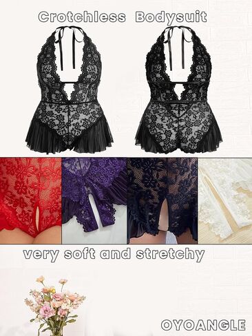 OYOANGLE Women's Plus Size Cut Out Tie Back Halter Lace Teddy Romper Bodysuit Lingerie in Saudi Arabia