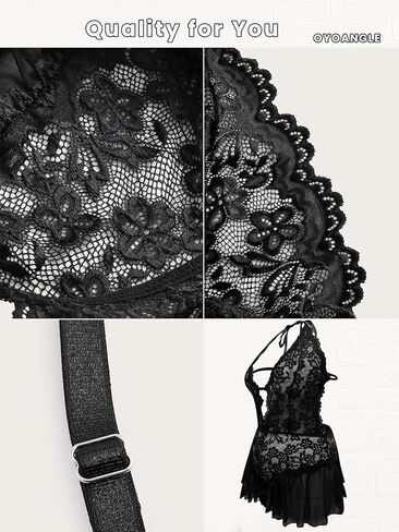 OYOANGLE Women's Plus Size Cut Out Tie Back Halter Lace Teddy Romper Bodysuit Lingerie in Saudi Arabia