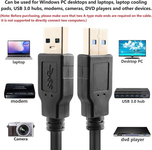 PASOW USB 3.0 Type A Male to Type A Male 24/28AWG Cable Cord (10 Feet, Black) in Kuwait