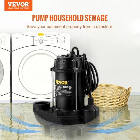 مضخة مياه الصرف الصحي VEVOR 1/2 HP، مضخة مستنقع غاطسة من الحديد الزهر والصلب، تفريغ 1-1/2 بوصة NPT مع سلك بطول 10 أقدام، مفتاح تعويم تلقائي مع قابس خلفي خنزير، لتصريف المياه الداخلي والخارجي in Kuwait