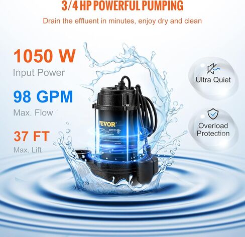 مضخة مياه الصرف الصحي VEVOR 1/2 HP، مضخة مستنقع غاطسة من الحديد الزهر والصلب، تفريغ 1-1/2 بوصة NPT مع سلك بطول 10 أقدام، مفتاح تعويم تلقائي مع قابس خلفي خنزير، لتصريف المياه الداخلي والخارجي in Kuwait