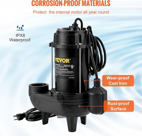 مضخة مياه الصرف الصحي VEVOR 1/2 HP، مضخة مستنقع غاطسة من الحديد الزهر والصلب، تفريغ 1-1/2 بوصة NPT مع سلك بطول 10 أقدام، مفتاح تعويم تلقائي مع قابس خلفي خنزير، لتصريف المياه الداخلي والخارجي in Kuwait