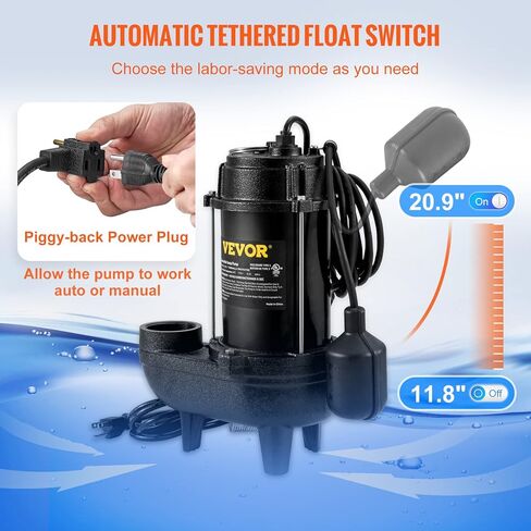 مضخة مياه الصرف الصحي VEVOR 1/2 HP، مضخة مستنقع غاطسة من الحديد الزهر والصلب، تفريغ 1-1/2 بوصة NPT مع سلك بطول 10 أقدام، مفتاح تعويم تلقائي مع قابس خلفي خنزير، لتصريف المياه الداخلي والخارجي in Kuwait