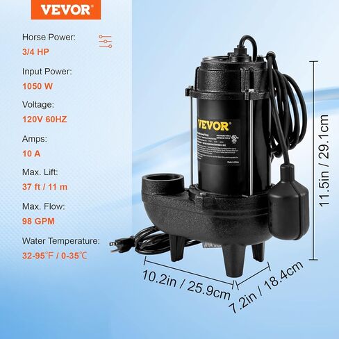 مضخة مياه الصرف الصحي VEVOR 1/2 HP، مضخة مستنقع غاطسة من الحديد الزهر والصلب، تفريغ 1-1/2 بوصة NPT مع سلك بطول 10 أقدام، مفتاح تعويم تلقائي مع قابس خلفي خنزير، لتصريف المياه الداخلي والخارجي in Kuwait