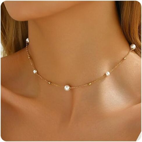 foyjoey Dainty Pearl Choker Necklace Adjustable Handmade Gold Pearl Beaded Chain Necklace for Women Bridesmaid Wedding Jewelry Gifts in Kuwait