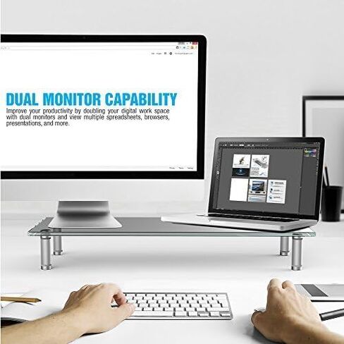 Eutuxia Type-S Black Tempered Glass Monitor Stand, TV, Laptop, Computer, All-In-One Desktop, Printer Riser [21.75 x 8.25 x 3.25 Inches] in Saudi Arabia