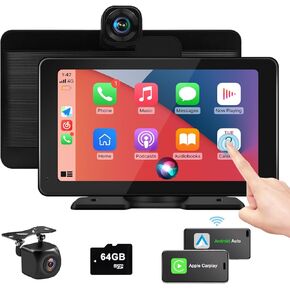 7" HD Wireless Car Stereo for Apple Carplay & Android Auto, Portable Touch Screen for Car, 4K Dash Cam, 1080P Backup Camera, Bluetooth, Recording, AUX/FM, Googel, Siri, Mirror Link, GPS Navigation