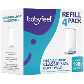 Babyfeel Refills Compatible with DEKOR CLASSIC Diaper Pails | 4 Pack | Exclusive 30% Extra Thickness | Diaper Pail Refills with Powerful Odor Elimination | Powder Scent | Holds up to 1980 Diapers