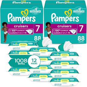 Pampers Cruisers Disposable Baby Diapers Size 4, 2 Month Supply (2 x 160 Count) with Sensitive Water Based Baby Wipes 12X Multi Pack Pop-Top and Refill (1008 Count)