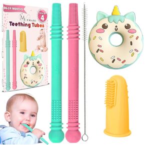 M. Emami Teether Tubes - Pack of 6 Hollow Teething Sticks with 2 Cleaning Brushes - 100% Food Grade Silicone, BPA Free, and Dishwasher Safe - 6 Vibrant Colors for 6-18 Months Babies