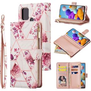 UEEBAI Wallet Case for Samsung Galaxy A12 5G, PU Leather Case Magnetic Closure Handbag Zipper Pocket Case Kickstand Card Slots with Hand Strap Marple Flip Case for Women - Black Heart
