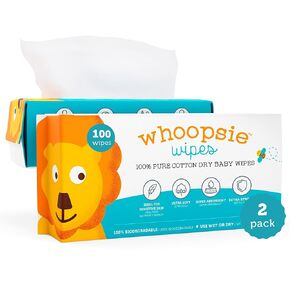 Whoopsie Wipes | Ultra-Soft - 100% Pure Cotton Dry Baby Wipes | Use Wet or Dry | Soft & Sensitive | Hypoallergenic | Extra Strong & Absorbent | Perfect for Diaper Changes, Runny Noses, Drool, Meal Time & Nursing (6-Pack)