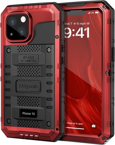 Mitywah Waterproof Case for iPhone 14 Pro Max, Heavy Duty Shockproof Case with Built-in Screen Protector, Full Body Underwater Protective Metal Case 6.7 inch, Red in Saudi Arabia