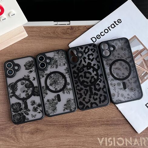 Magnetic for iPhone 16 Pro Case,Compatible with MagSafe, Black Flower Floral Design iPhone 16 Pro Case for Women Girls, Slim Shockproof Soft TPU Bumper Hard PC Back Phone Case - Black Floral in Saudi Arabia