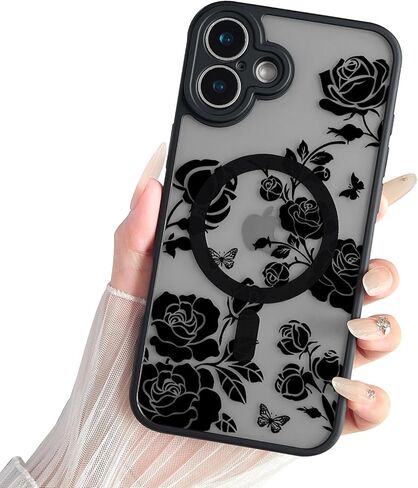 Magnetic for iPhone 16 Pro Case,Compatible with MagSafe, Black Flower Floral Design iPhone 16 Pro Case for Women Girls, Slim Shockproof Soft TPU Bumper Hard PC Back Phone Case - Black Floral in Saudi Arabia
