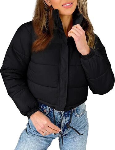 Flygo Women Cropped Puffer Jacket Winter Long Sleeve Quilted Puffy Bubble Padded Short Coats with Drawstring in Kuwait