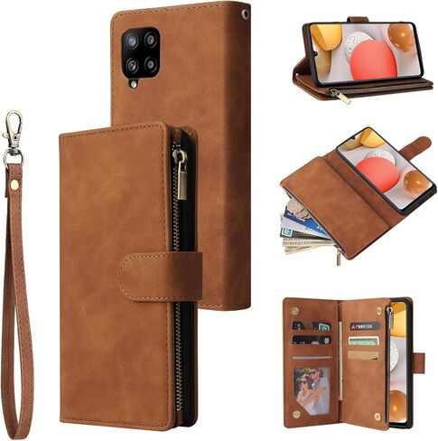 UEEBAI Wallet Case for Samsung Galaxy A12 5G, PU Leather Case Magnetic Closure Handbag Zipper Pocket Case Kickstand Card Slots with Hand Strap Marple Flip Case for Women - Black Heart in Saudi Arabia