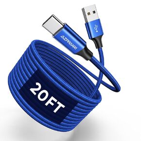 USB Type C Cable 20Ft, White Nylon Braided USB A to USB C 3A Fast Charging Charge Cord Compatible with iPhone 16 Pro Max 15 Plus Samsung Galaxy S24 S23 S22 Pixel Switch and More USB C Charger