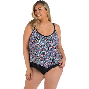 Maxine of Hollywood Women's Standard V-Neck Flutter Tankini Swimsuit Top, Black//Tropical Rain, 16