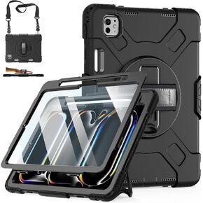 Case for iPad Pro 11 Inch M4 2024: TPU Cover for iPad Pro 11 5th Generation with Screen Protector- Stand- Handle- Shoulder Strap- Pencil Holder-black