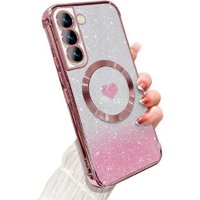 for Samsung Galaxy S22 Ultra Case Magnetic,for Women Girl Soft Luxury Plating Bling Gradient Glitter Cute Heart Cover Compatible with MagSafe Clear Shockproof Protective Phone Case 6.8"-Pink
