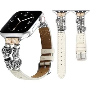 Leather Band Compatible with Apple Watch Bands 38/40/41/42/44/45/46/49mm Women, Boho Beaded Slim Vintage Bracelet Designer Cute Strap for iWatch Series 10/9/8/7/6/5/4/3/2/1/SE/Ultra 2