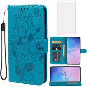 Case for Galaxy S10 Case,Samsung S10 SM-G973U (Not Fit 5G) Wallet Case with Tempered Glass Screen Protector, Flower Leather Flip Credit Card Holder Stand Phone Cover for Samsung Galaxy S10 Red