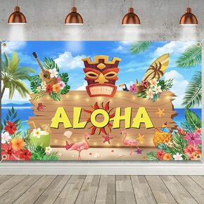 73X43Inch Aloha Birthday Hawaiian Backdrop Party Decorations Luau Backdrop for Photography with Tiki Tropical Palm Leaves Flower Summer Beach Ocean Background Photoshoot Banner Photo Booth