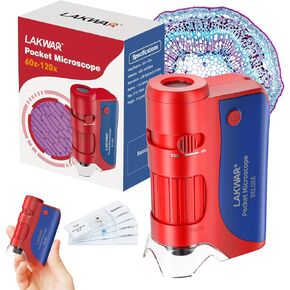 60x-120x Mini Pocket Microscope for Kids Adults, Portable Handheld Microscope with 5 Microscope Slides, Miniscope for Kids Adults Science Lab (Red & Blue)