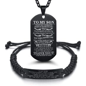 Pack of 2 to My Son Necklace from Mom and Dad with Personalized Braided Bracelet Dog Tags Pendant Inspirational Son Bracelets Black Stainless Steel Birthday Graduation Christmas Valentine’s Day Gifts