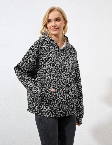 إمرأة كامو هوديس مابل ليف طباعة المتضخم قناع السترة قميص الصوف كم طويل كامو البلوز مع جيب in Kuwait