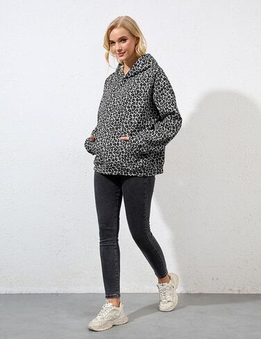 إمرأة كامو هوديس مابل ليف طباعة المتضخم قناع السترة قميص الصوف كم طويل كامو البلوز مع جيب in Kuwait