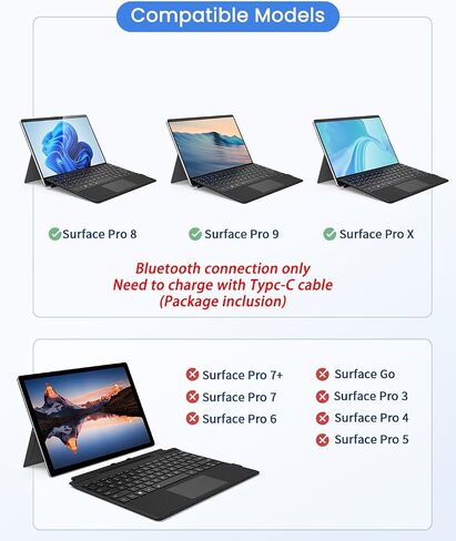 Surface Pro Keyboard, Ultra-Slim Portable Bluetooth Wireless Keyboard with Touchpad for Surface Pro 8/9/10/11/X, Microsoft Surface Type Cover with 7 Colors Backlit, Pencil Holder, Rechargeable Battery in Saudi Arabia