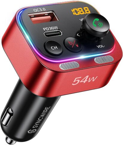 Syncwire Bluetooth 5.4 FM Transmitter Car Adapter 54W (PD 36W & 18W) [Fast Charging] [Stronger Dual Mics] [Light Switch] [HiFi Deep Bass] Wireless Radio Receiver Hands-Free Calling LED Display, Blue in Saudi Arabia