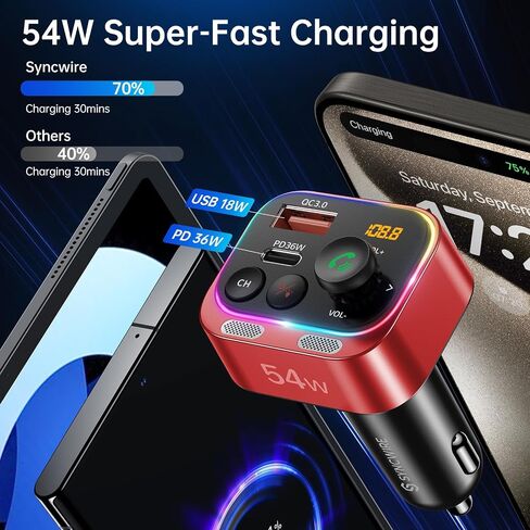 Syncwire Bluetooth 5.4 FM Transmitter Car Adapter 54W (PD 36W & 18W) [Fast Charging] [Stronger Dual Mics] [Light Switch] [HiFi Deep Bass] Wireless Radio Receiver Hands-Free Calling LED Display, Blue in Saudi Arabia