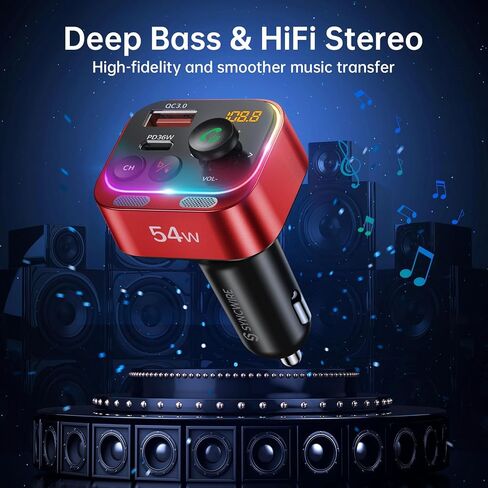Syncwire Bluetooth 5.4 FM Transmitter Car Adapter 54W (PD 36W & 18W) [Fast Charging] [Stronger Dual Mics] [Light Switch] [HiFi Deep Bass] Wireless Radio Receiver Hands-Free Calling LED Display, Blue in Saudi Arabia