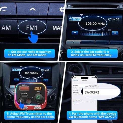 Syncwire Bluetooth 5.4 FM Transmitter Car Adapter 54W (PD 36W & 18W) [Fast Charging] [Stronger Dual Mics] [Light Switch] [HiFi Deep Bass] Wireless Radio Receiver Hands-Free Calling LED Display, Blue in Saudi Arabia