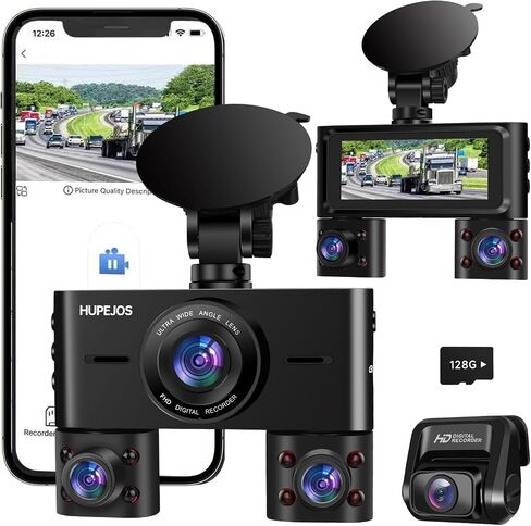 HUPEJOS V7 كاميرا داش 360 درجة، كاميرا رباعية القنوات 4 FHD 1080P * 4 أمامية، يسار، يمين، وخلفية مع واي فاي، كاميرا داش بعدسة قابلة للتعديل للسيارات ذات الرؤية الليلية، بطاقة 128 جيجابايت، مرشح CPL، وضع انتظار السيارات على مدار 24 ساعة in Kuwait