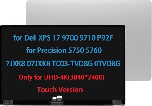 شاشة بديلة LCD مقاس 17.3 بوصة 3840x2400 UHD 4K لجهاز Dell XPS 17 9700 9710 P92F للدقة 5750 5760 7JXK8 07JXK8 TC03-TVD8G 0TVD8G TB02-TVD8G شاشة LCD بمفصلات علوية تعمل باللمس (فضي) in Kuwait