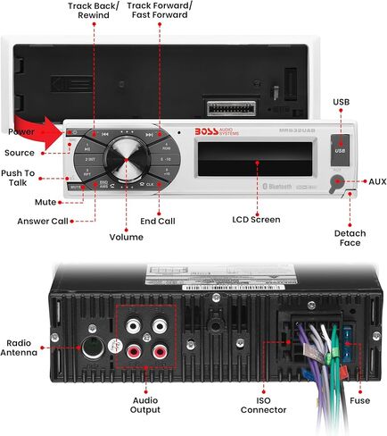 بوس اوديو MR762BRGB Marine Stereo – مدخل واحد، صوت بلوتوث، CD/USB/SD/MP3، مدخل Aux، راديو AM/FM، مقاوم للطقس، لوحة أمامية قابلة للفصل، إضاءة متعددة الألوان، جهاز تحكم لاسلكي in Saudi Arabia