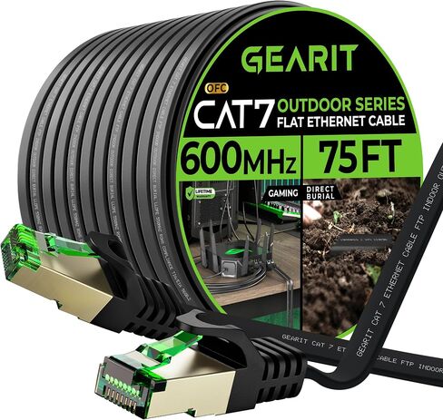 GearIT Cat 7 Outdoor Flat Ethernet Cable (100ft, Black) Direct Burial Rated LLDPE Jacket - Indoor Cat7 Shielded FTP 600MHz 10Gbps High Speed Gaming Computer Network RJ45 Snagless Patch Cord Internet in Saudi Arabia