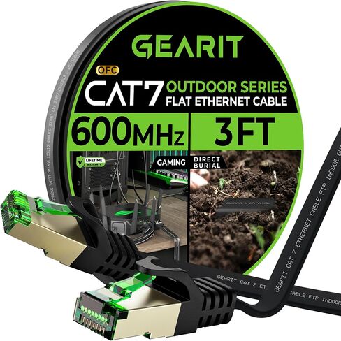 GearIT Cat 7 Outdoor Flat Ethernet Cable (100ft, Black) Direct Burial Rated LLDPE Jacket - Indoor Cat7 Shielded FTP 600MHz 10Gbps High Speed Gaming Computer Network RJ45 Snagless Patch Cord Internet in Saudi Arabia