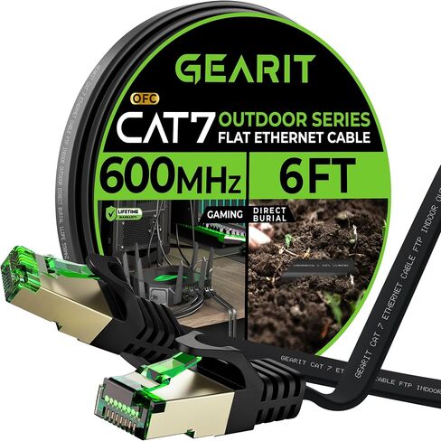 GearIT Cat 7 Outdoor Flat Ethernet Cable (100ft, Black) Direct Burial Rated LLDPE Jacket - Indoor Cat7 Shielded FTP 600MHz 10Gbps High Speed Gaming Computer Network RJ45 Snagless Patch Cord Internet in Saudi Arabia