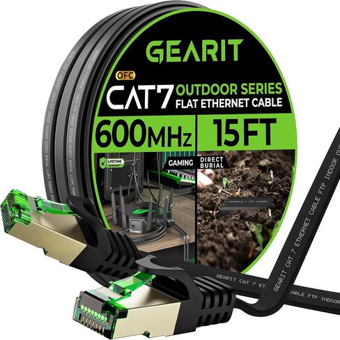GearIT Cat 7 Outdoor Flat Ethernet Cable (100ft, Black) Direct Burial Rated LLDPE Jacket - Indoor Cat7 Shielded FTP 600MHz 10Gbps High Speed Gaming Computer Network RJ45 Snagless Patch Cord Internet in Saudi Arabia