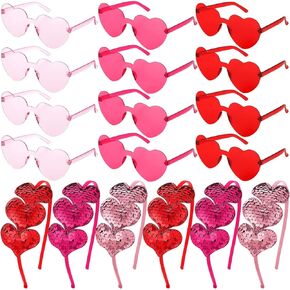 Flutesan 24 Pcs Valentine's Day Heart Sunglasses and Heart Sequin Headbands Rimless Heart Valentine Glasses, Cupid Love Headband Heart Shaped Glasses Candy Color Eyewear Hair Hoop for Valentine Party