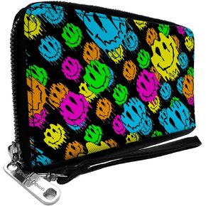 Buckle-Down Wallet, Zip Around, Smiley Faces Melted Stacked Black Multi Neon, Vegan Leather
