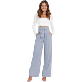 IWEMEK Women's Casual High Waist Belted Wide Leg Pants with Pocket Bow-Knot Self Tie Work Pants Long Palazzo Pants Trousers