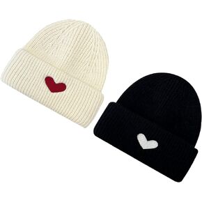 CORIRESHA Women's Cute Heart Embroidery Beanie Soft Knitted Hat Valentine's Day Gift