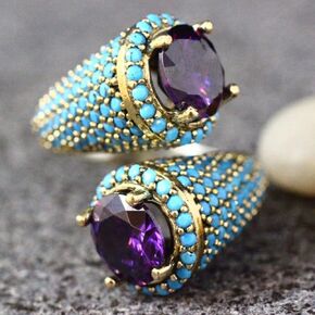 14K Gold Plated Open Amethyst Ring with Turquoise Rings on Both Sides Wedding Jewelry for Women Vintage Gothic Purple Crystal Ring Cocktail Party for Women Christmas Gifts